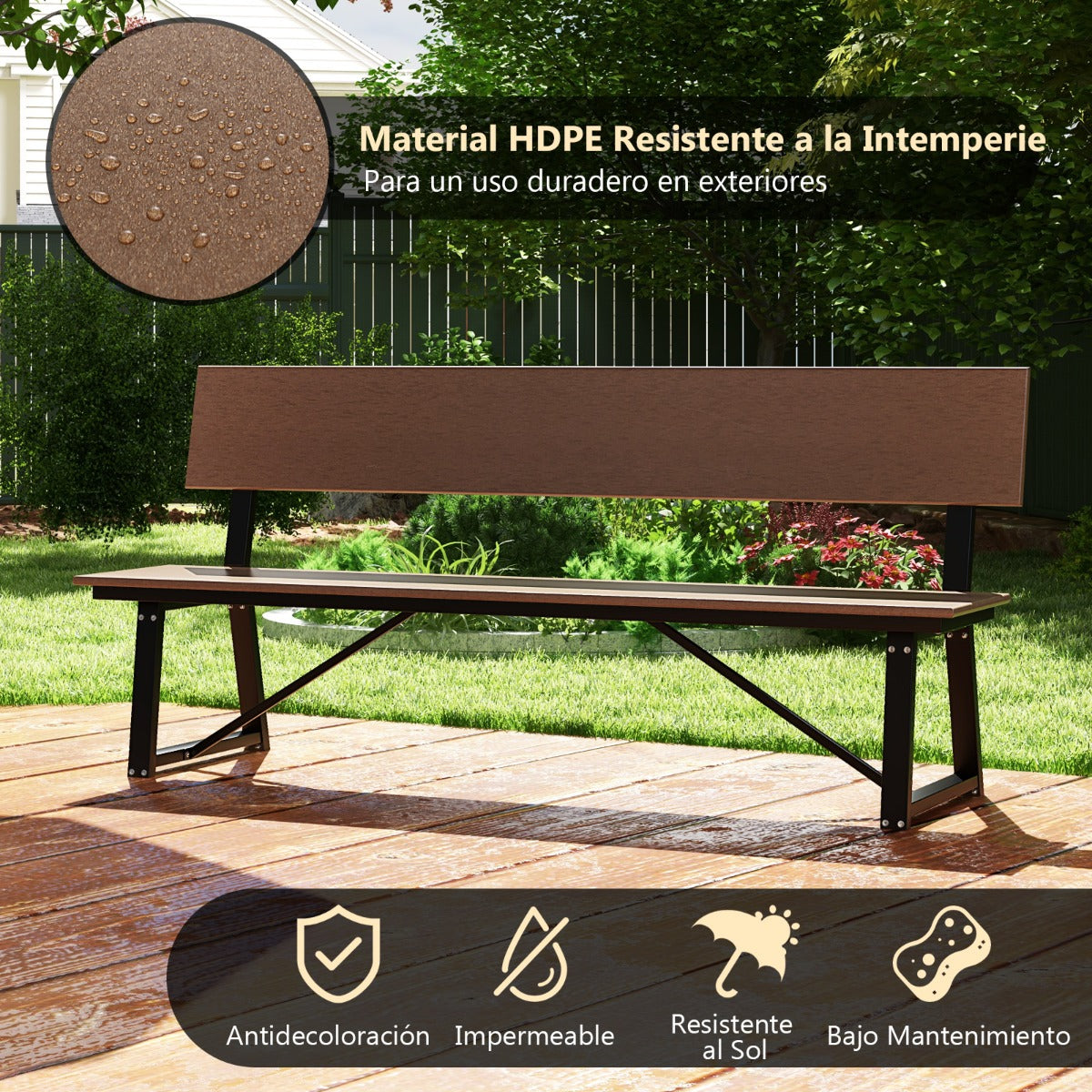 Banco de 183 cm para 4 Personas con Asiento Respaldo de HDPE para Todo Clima Soporte de Metal Resistente para Patio Carga 500 kg Marrón