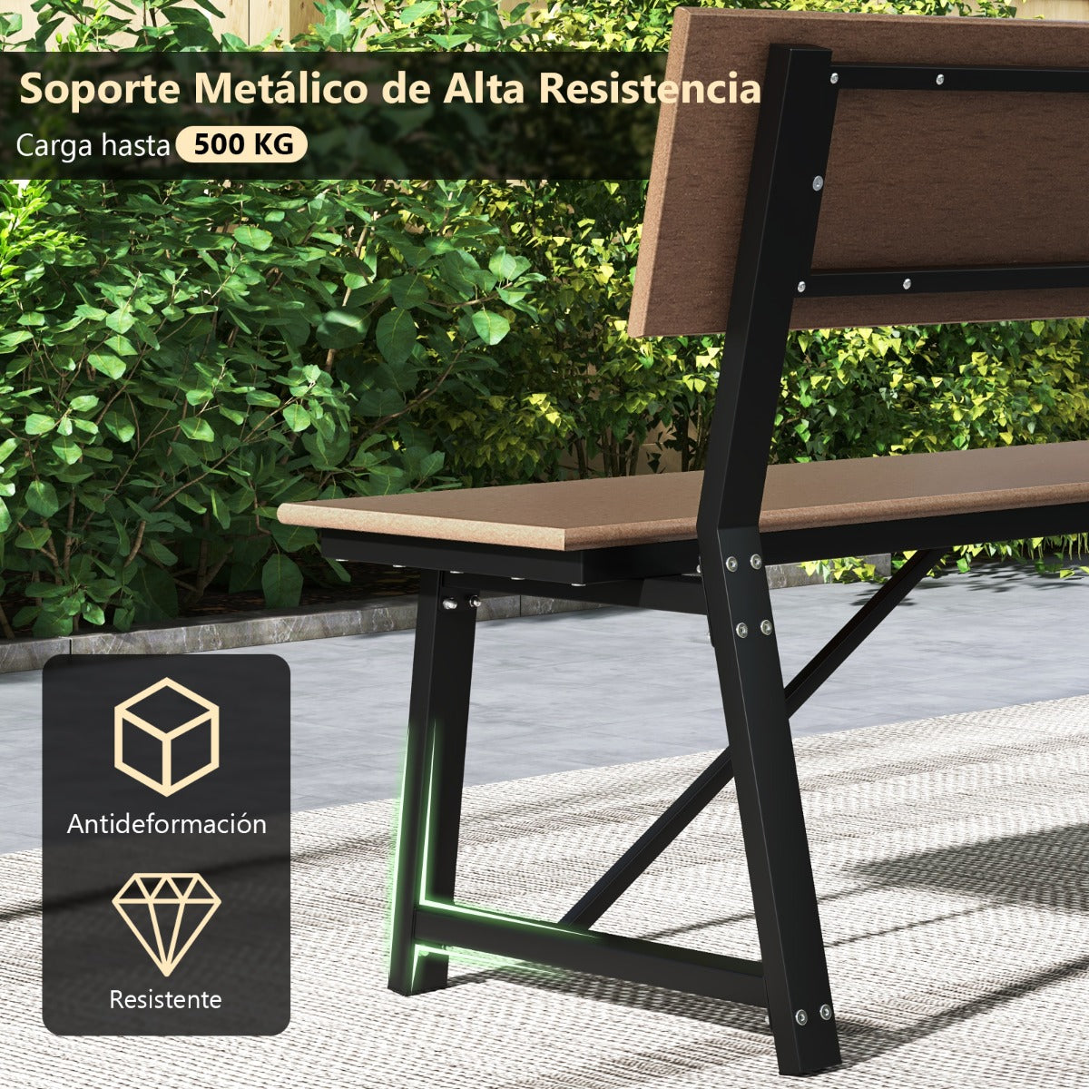 Banco de 183 cm para 4 Personas con Asiento Respaldo de HDPE para Todo Clima Soporte de Metal Resistente para Patio Carga 500 kg Marrón