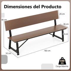 Banco de 183 cm para 4 Personas con Asiento Respaldo de HDPE para Todo Clima Soporte de Metal Resistente para Patio Carga 500 kg Marrón