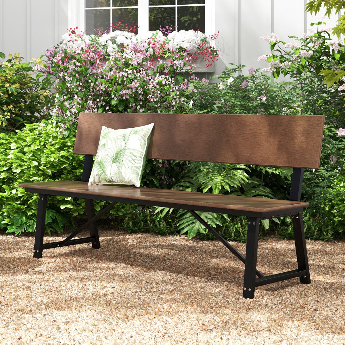 Banco de 183 cm para 4 Personas con Asiento Respaldo de HDPE para Todo Clima Soporte de Metal Resistente para Patio Carga 500 kg Marrón