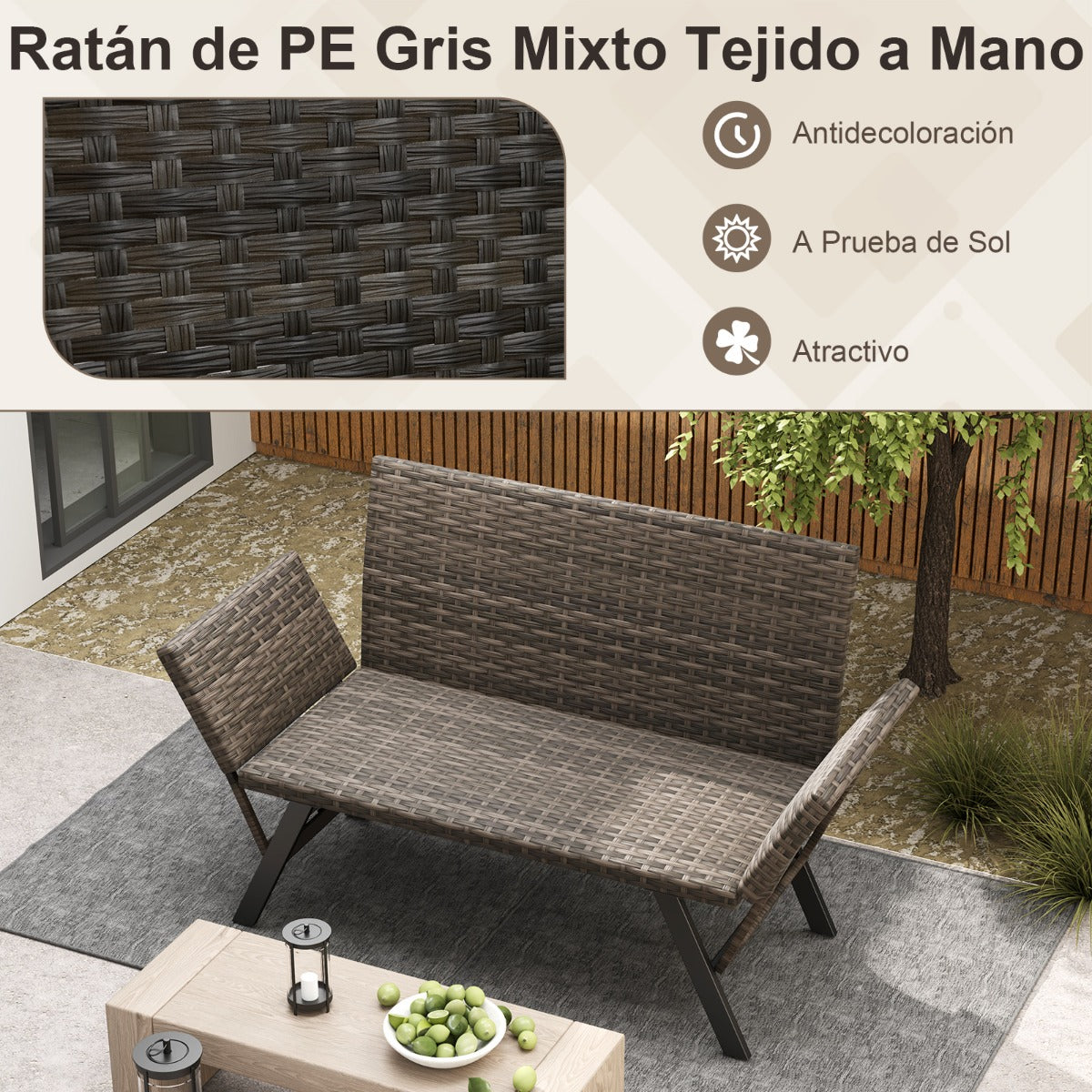 Banco de Ratán de 2 Plazas Acolchado de Secado Rápido con Reposabrazos Ajustables con Marco Metálico Gris Mixto