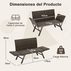 Banco de Ratán de 2 Plazas Acolchado de Secado Rápido con Reposabrazos Ajustables con Marco Metálico Gris Mixto