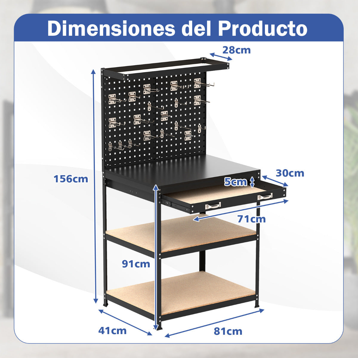 Banco de Trabajo de 81 x 41 cm Mesa de Trabajo de 225 kg con Cajón Estantes 20 Ganchos Estación de Trabajo de Metal para Garaje Taller Negro