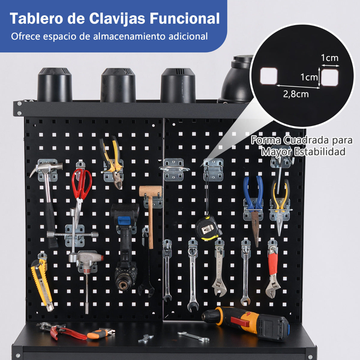 Banco de Trabajo de 81 x 41 cm Mesa de Trabajo de 225 kg con Cajón Estantes 20 Ganchos Estación de Trabajo de Metal para Garaje Taller Negro