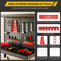 Banco de Trabajo Multifuncional de Almacenamiento de Herramientas con Tablero de Clavijas 2 Estantes y 13 Accesorios Colgantes Negro