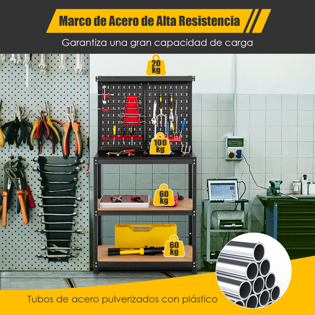 Banco de Trabajo Multifuncional de Almacenamiento de Herramientas con Tablero de Clavijas 2 Estantes y 13 Accesorios Colgantes Negro