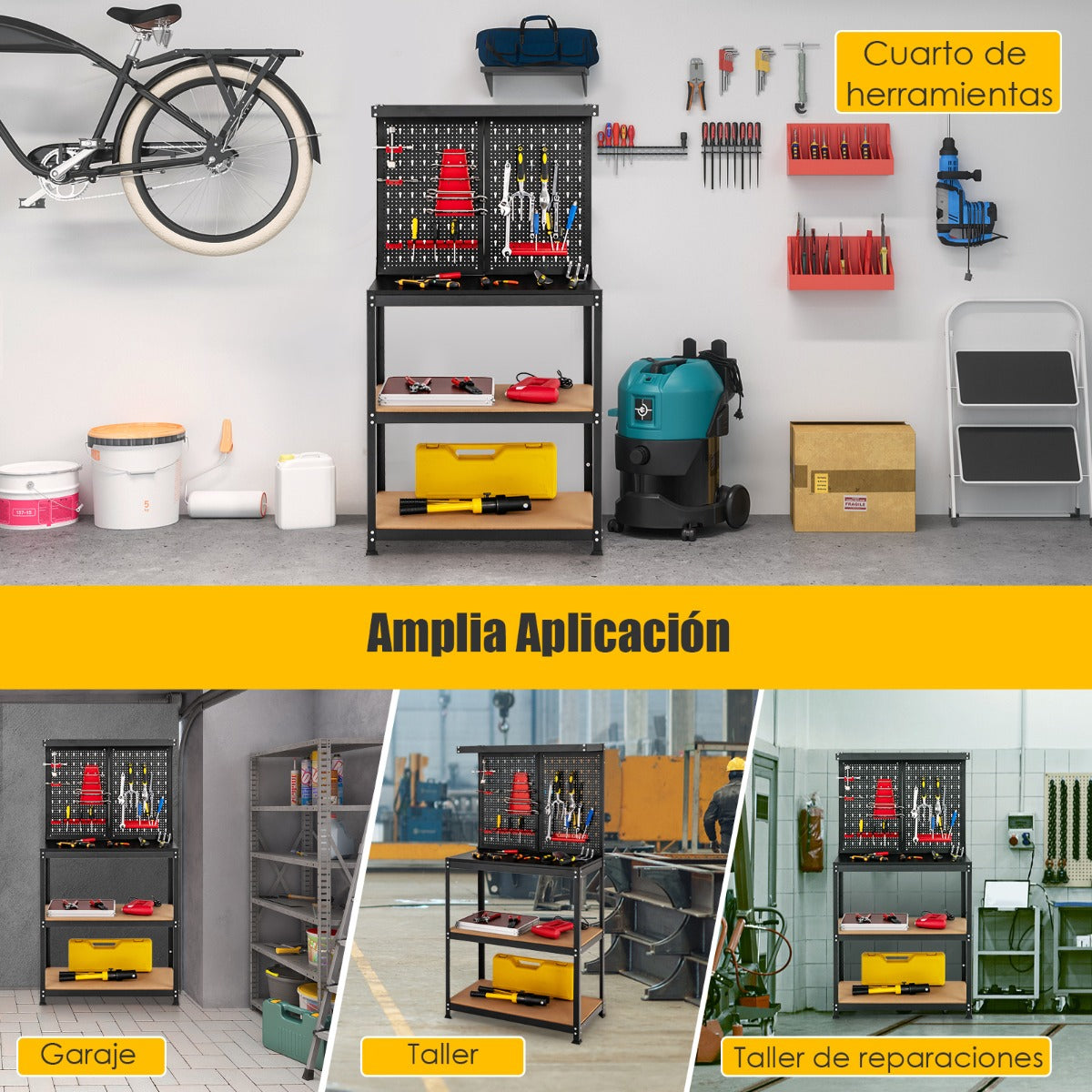 Banco de Trabajo Multifuncional de Almacenamiento de Herramientas con Tablero de Clavijas 2 Estantes y 13 Accesorios Colgantes Negro