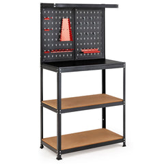 Banco de Trabajo Multifuncional de Almacenamiento de Herramientas con Tablero de Clavijas 2 Estantes y 13 Accesorios Colgantes Negro