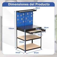 Banco de Trabajo de 81 x 41 cm Mesa de Trabajo de 225 kg con Cajón Estantes 20 Ganchos Estación de Trabajo de Metal para Garaje Taller Azul