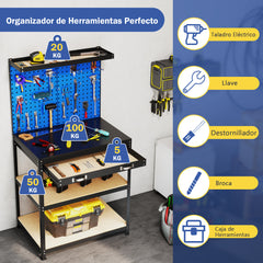 Banco de Trabajo de 81 x 41 cm Mesa de Trabajo de 225 kg con Cajón Estantes 20 Ganchos Estación de Trabajo de Metal para Garaje Taller Azul