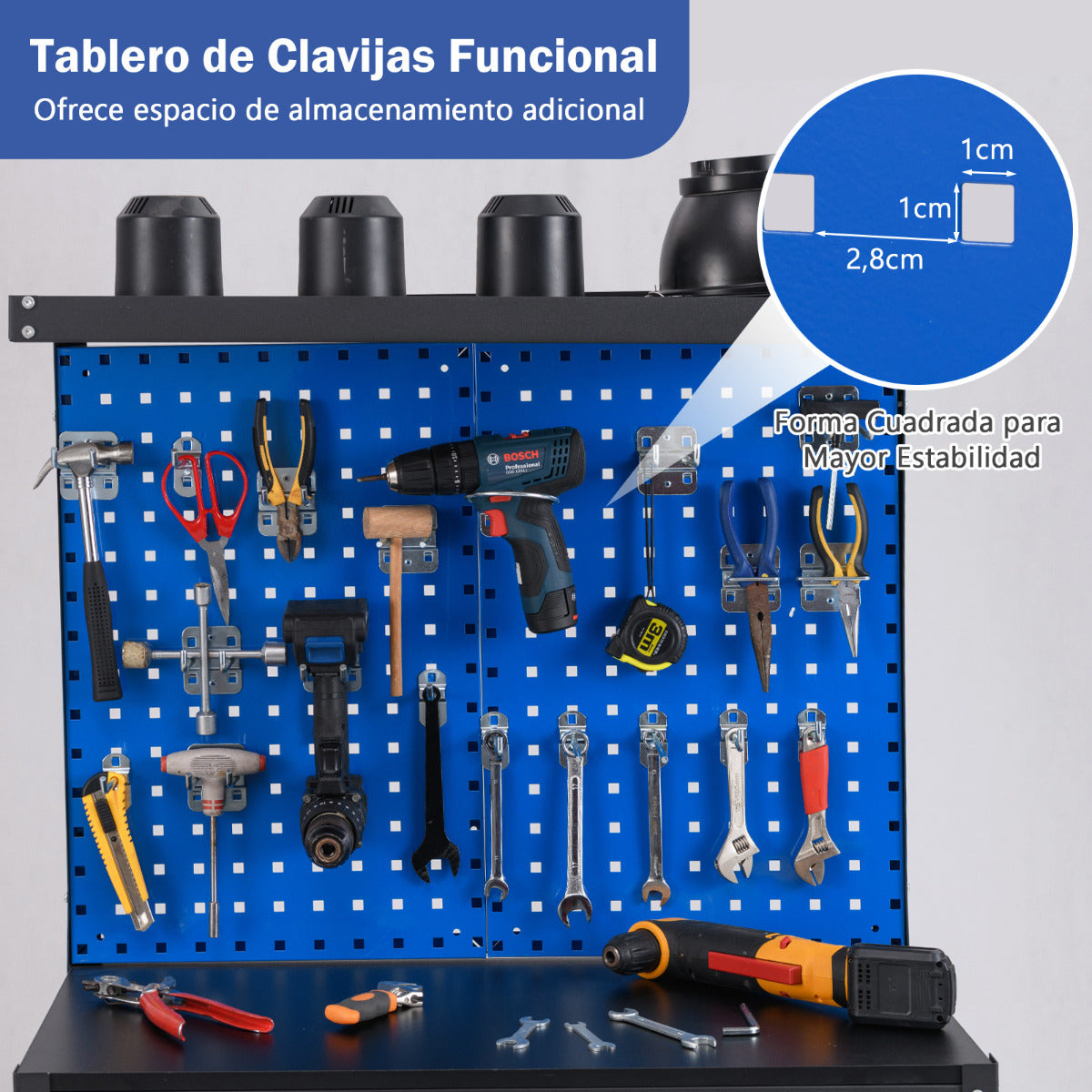 Banco de Trabajo de 81 x 41 cm Mesa de Trabajo de 225 kg con Cajón Estantes 20 Ganchos Estación de Trabajo de Metal para Garaje Taller Azul