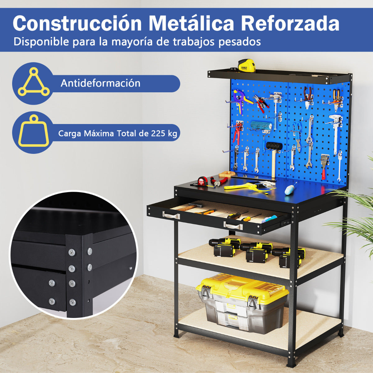 Banco de Trabajo de 81 x 41 cm Mesa de Trabajo de 225 kg con Cajón Estantes 20 Ganchos Estación de Trabajo de Metal para Garaje Taller Azul