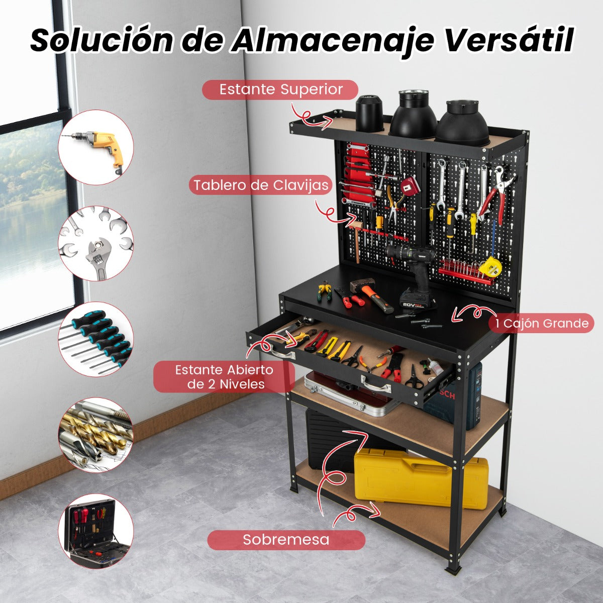 Banco de Trabajo para Almacenamiento de Herramientas con Tablero Perforado con Cajones 14 Accesorios Marco de Metal para Garaje Rojo