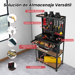 Banco de Trabajo para Almacenamiento de Herramientas con Tablero Perforado con Cajones 14 Accesorios Marco de Metal para Garaje Rojo