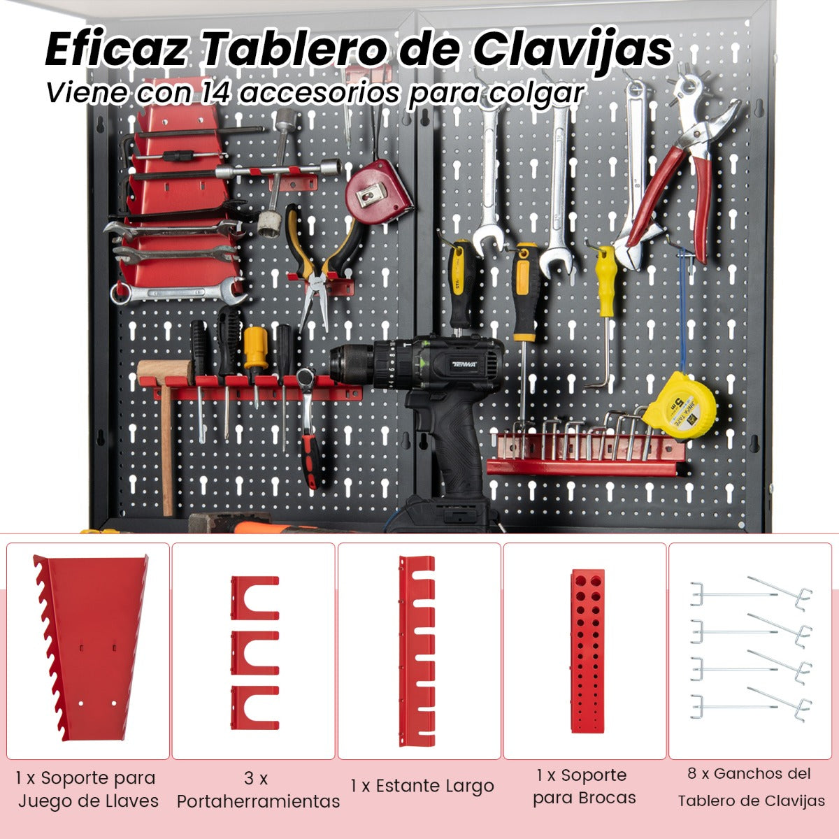 Banco de Trabajo para Almacenamiento de Herramientas con Tablero Perforado con Cajones 14 Accesorios Marco de Metal para Garaje Rojo