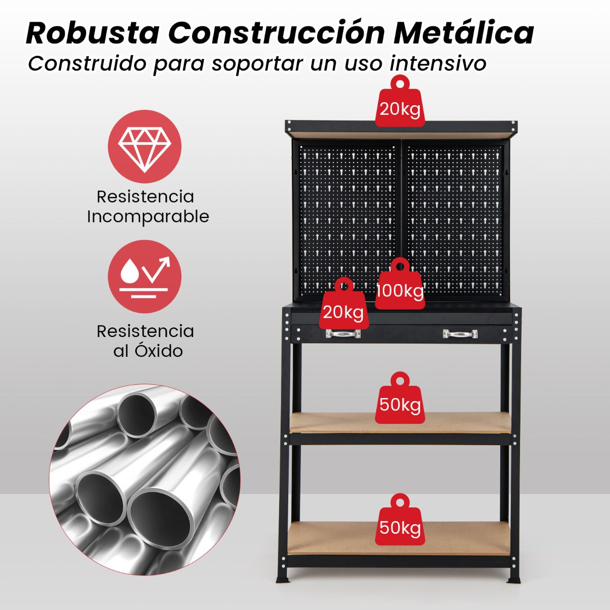 Banco de Trabajo para Almacenamiento de Herramientas con Tablero Perforado con Cajones 14 Accesorios Marco de Metal para Garaje Rojo