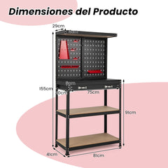 Banco de Trabajo para Almacenamiento de Herramientas con Tablero Perforado con Cajones 14 Accesorios Marco de Metal para Garaje Rojo