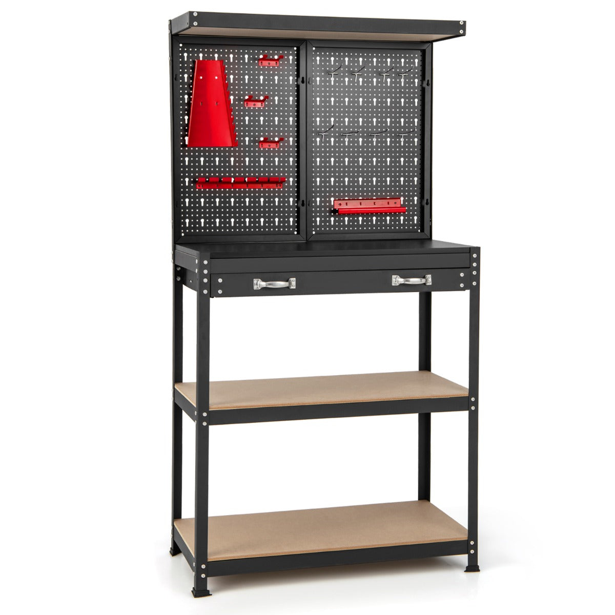 Banco de Trabajo para Almacenamiento de Herramientas con Tablero Perforado con Cajones 14 Accesorios Marco de Metal para Garaje Rojo