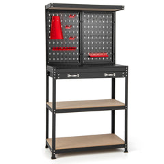 Banco de Trabajo para Almacenamiento de Herramientas con Tablero Perforado con Cajones 14 Accesorios Marco de Metal para Garaje Rojo