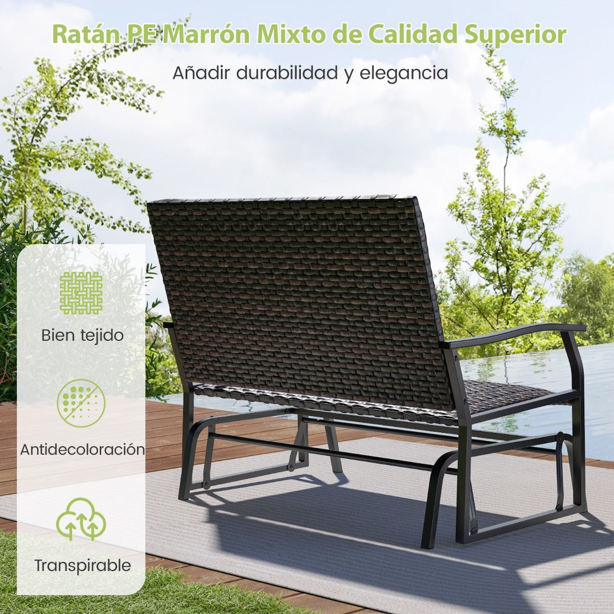 Sofá de Ratán Tejido para 2 Personas con Asiento de Espuma de Secado Rápido Brazos Deslizantes de Metal de Alta Resistencia Marrón
