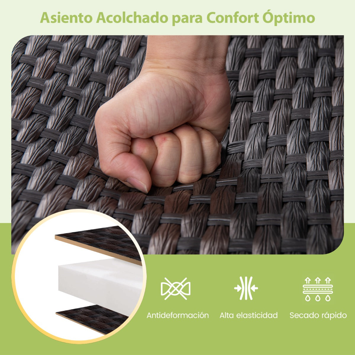 Sofá de Ratán Tejido para 2 Personas con Asiento de Espuma de Secado Rápido Brazos Deslizantes de Metal de Alta Resistencia Marrón