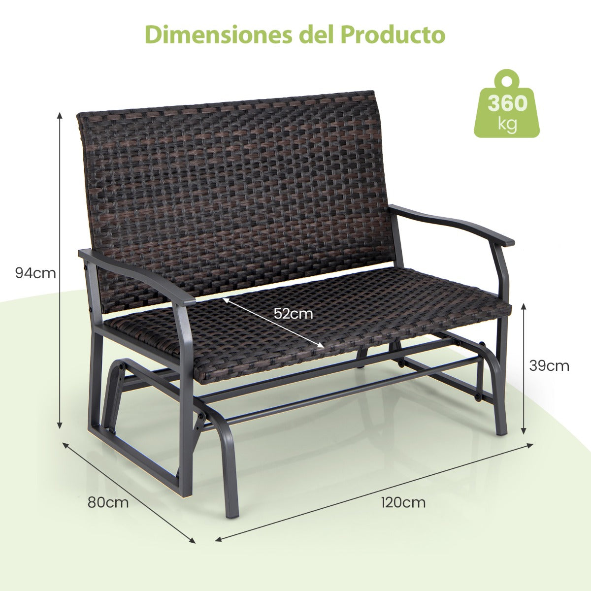 Sofá de Ratán Tejido para 2 Personas con Asiento de Espuma de Secado Rápido Brazos Deslizantes de Metal de Alta Resistencia Marrón