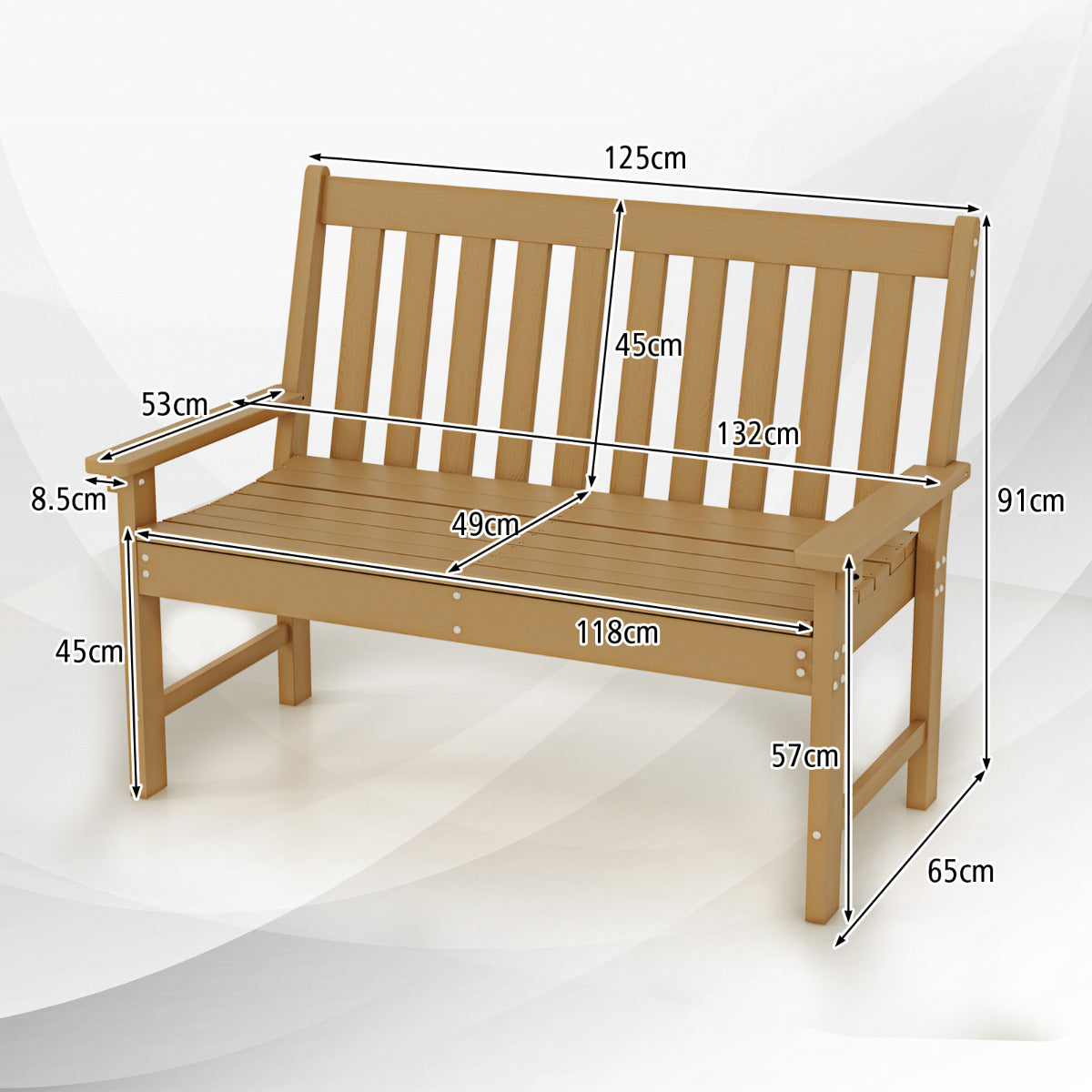 Banco Madera de HDPE con Respaldo y Reposabrazos para Terraza Balcón Asiento de 2 Personas Resistente Intemperie 132 x 65 x 91 cm-Natural