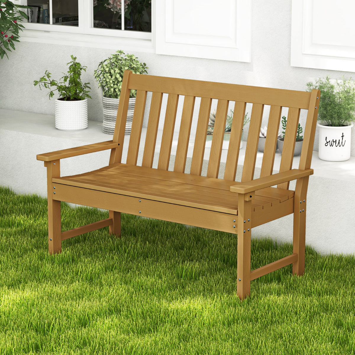 Banco Madera de HDPE con Respaldo y Reposabrazos para Terraza Balcón Asiento de 2 Personas Resistente Intemperie 132 x 65 x 91 cm-Natural
