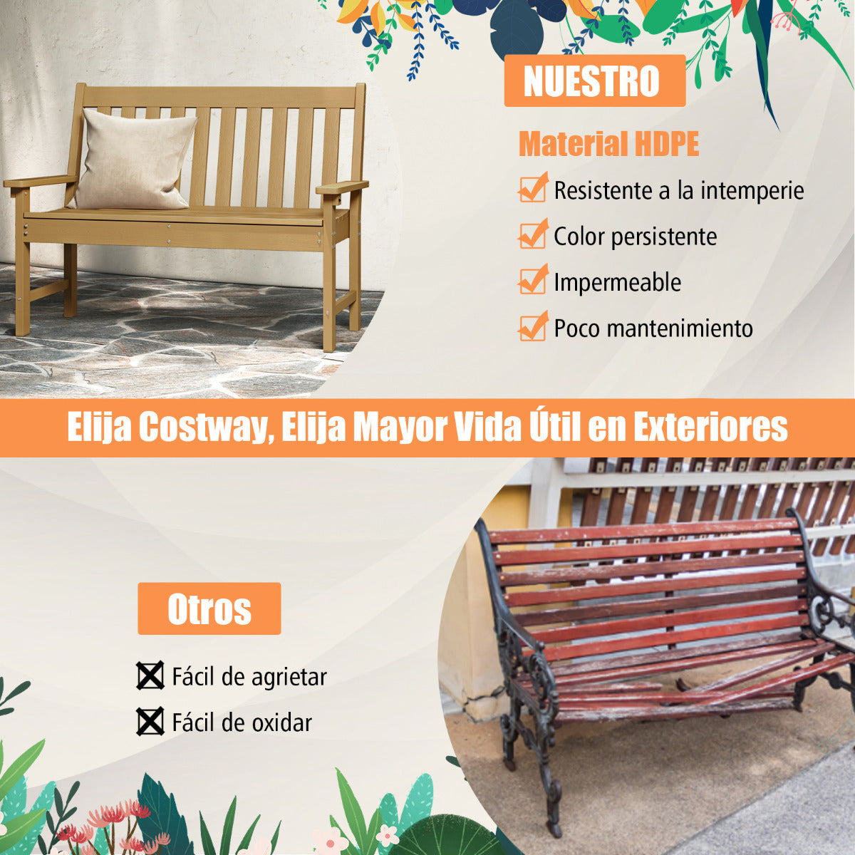 Banco Madera de HDPE con Respaldo y Reposabrazos para Terraza Balcón Asiento de 2 Personas Resistente Intemperie 132 x 65 x 91 cm-Natural
