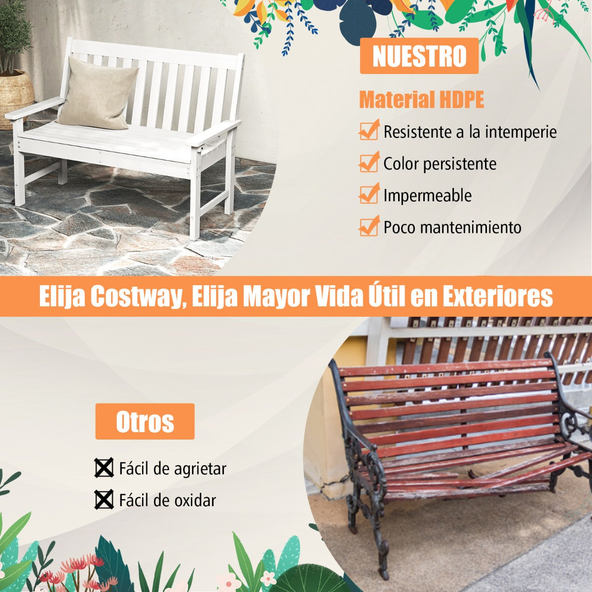 Banco Madera de HDPE con Respaldo y Reposabrazos para Terraza Balcón Asiento de 2 Personas Resistente Intemperie 132 x 65 x 91 cm-Blanco