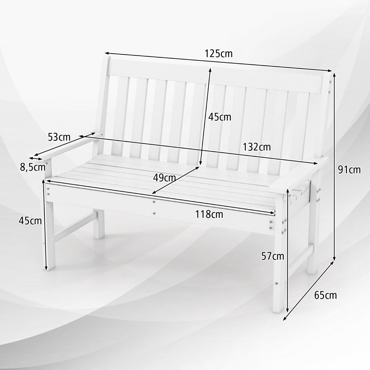 Banco Madera de HDPE con Respaldo y Reposabrazos para Terraza Balcón Asiento de 2 Personas Resistente Intemperie 132 x 65 x 91 cm-Blanco