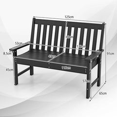 Banco Madera de HDPE con Respaldo y Reposabrazos para Terraza Balcón Asiento de 2 Personas Resistente Intemperie 132 x 65 x 91 cm-Negro