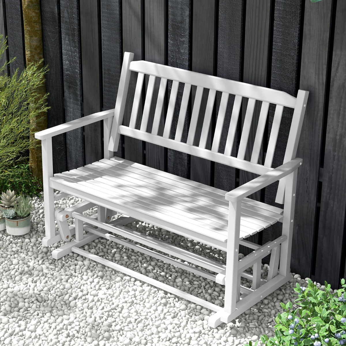 Banco de Patio para 2 Plazas Banco Mecedor con Suave Seguro Asiento de Listones y Respaldo Curvado Deslizamiento 126 x 68 x 100 cm Blanco