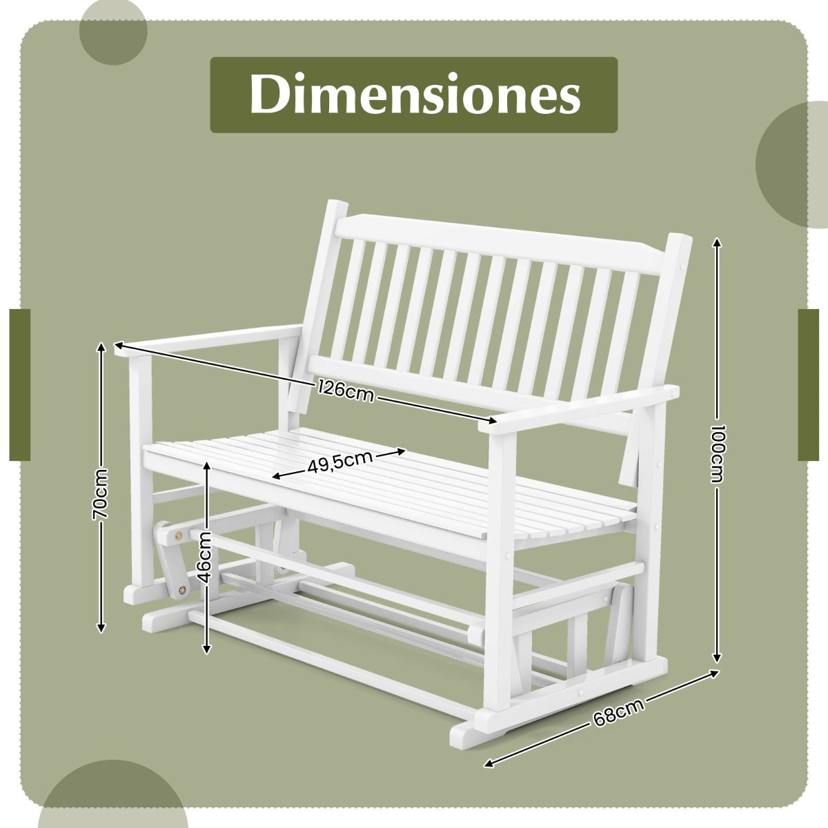 Banco de Patio para 2 Plazas Banco Mecedor con Suave Seguro Asiento de Listones y Respaldo Curvado Deslizamiento 126 x 68 x 100 cm Blanco