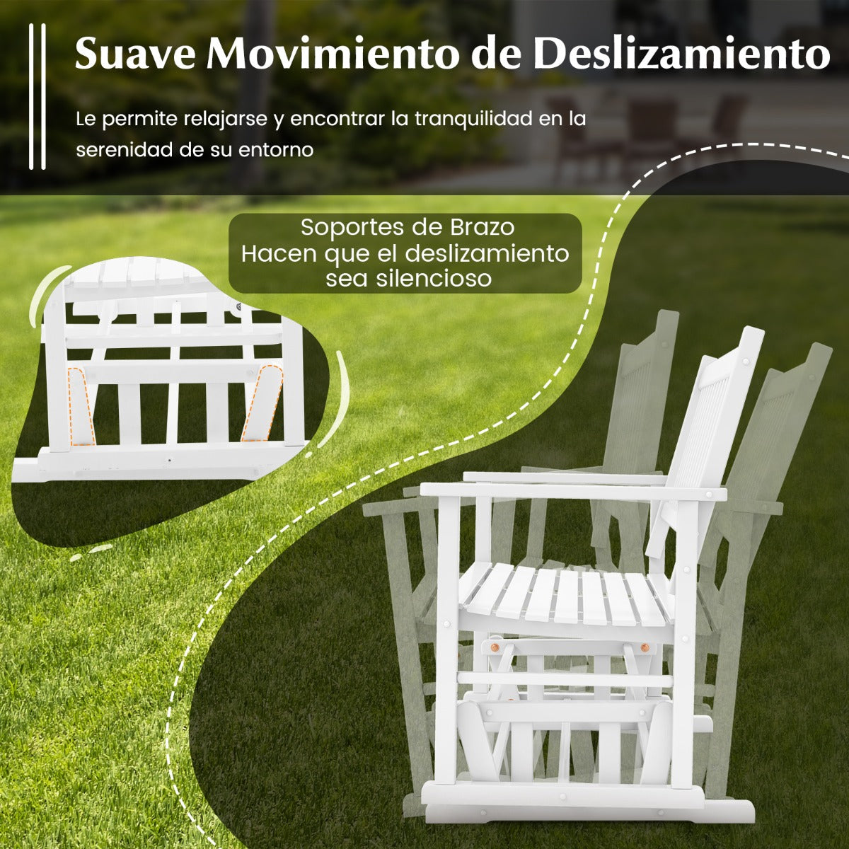 Banco de Patio para 2 Plazas Banco Mecedor con Suave Seguro Asiento de Listones y Respaldo Curvado Deslizamiento 126 x 68 x 100 cm Blanco