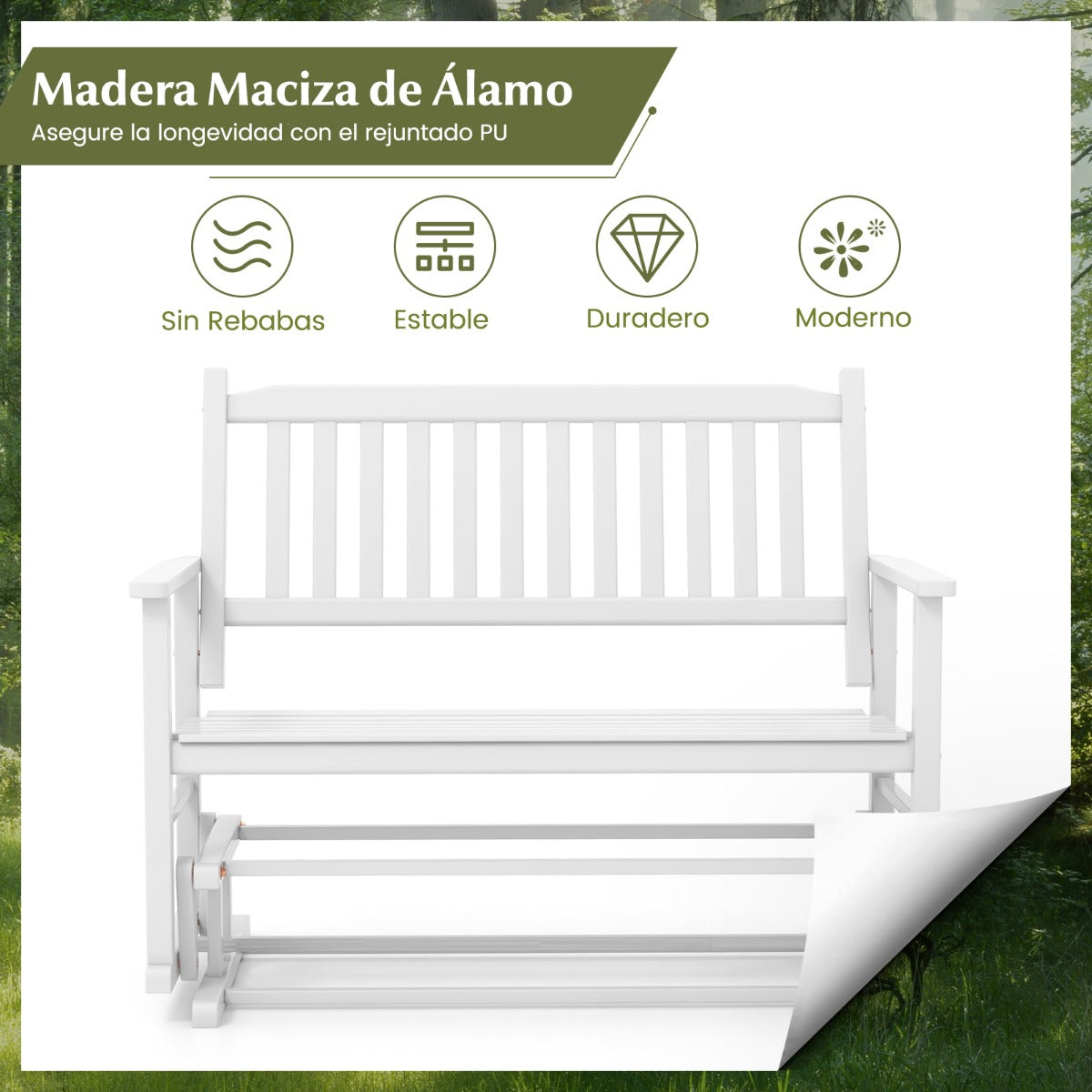 Banco de Patio para 2 Plazas Banco Mecedor con Suave Seguro Asiento de Listones y Respaldo Curvado Deslizamiento 126 x 68 x 100 cm Blanco