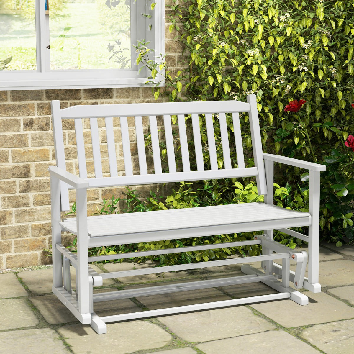 Banco de Patio para 2 Plazas Banco Mecedor con Suave Seguro Asiento de Listones y Respaldo Curvado Deslizamiento 126 x 68 x 100 cm Blanco