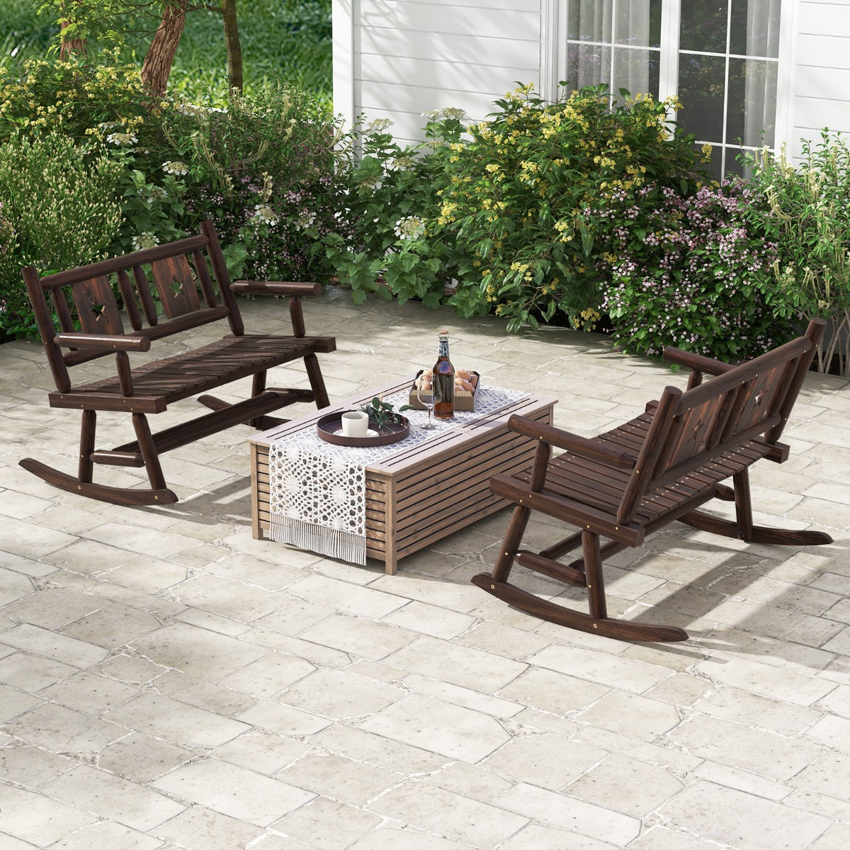 Banco Mecedora Doble de Madera Carbonizada con Asiento Ergonómico Sofá de 2 Plazas de Madera para 2 Personas para Patio 111 x 85 x 89 cm