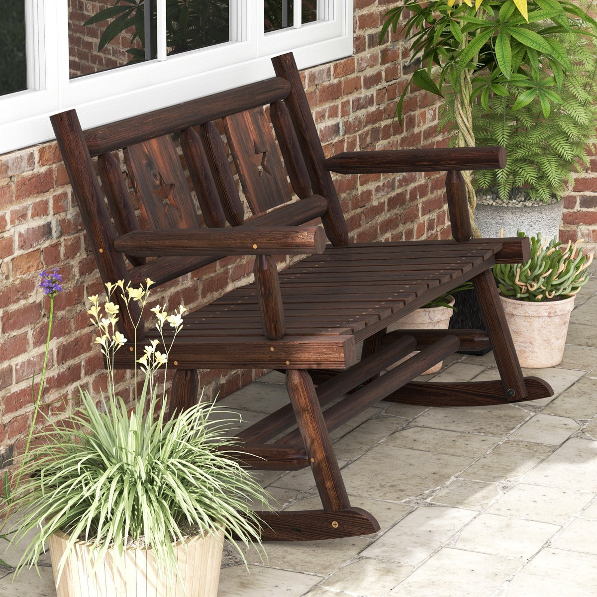 Banco Mecedora Doble de Madera Carbonizada con Asiento Ergonómico Sofá de 2 Plazas de Madera para 2 Personas para Patio 111 x 85 x 89 cm