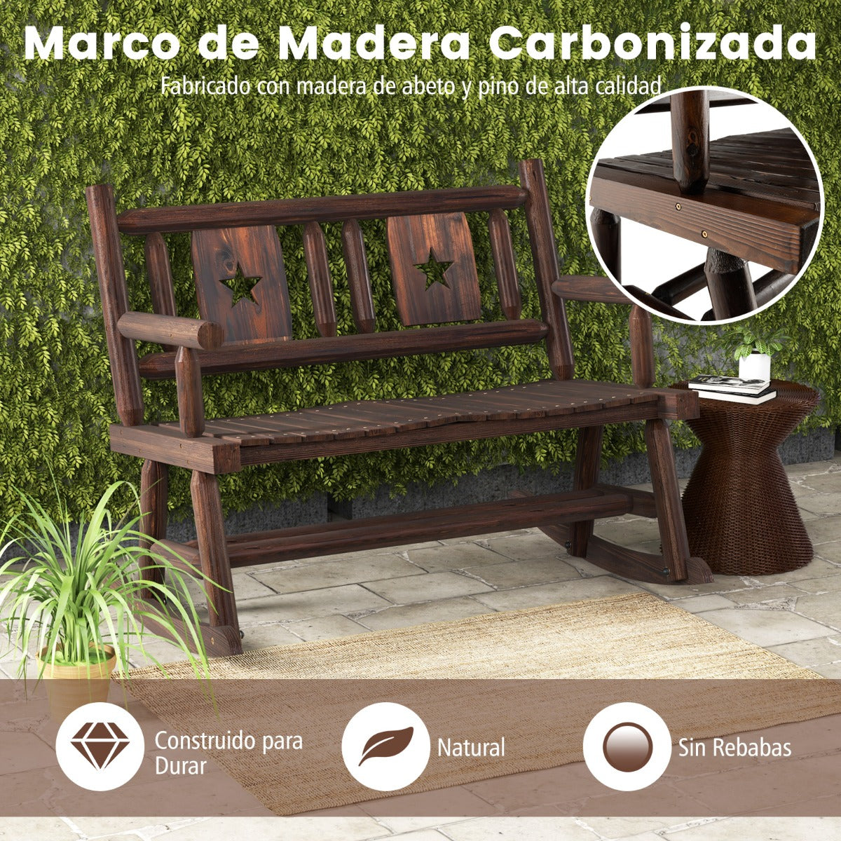 Banco Mecedora Doble de Madera Carbonizada con Asiento Ergonómico Sofá de 2 Plazas de Madera para 2 Personas para Patio 111 x 85 x 89 cm