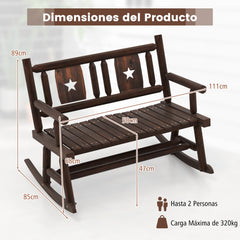 Banco Mecedora Doble de Madera Carbonizada con Asiento Ergonómico Sofá de 2 Plazas de Madera para 2 Personas para Patio 111 x 85 x 89 cm