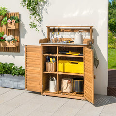 Banco para Macetas de Madera con Encimera de Metal Galvanizado 3 Ganchos para Colgar Estantes Extraíbles Persianas para Jardín Natural