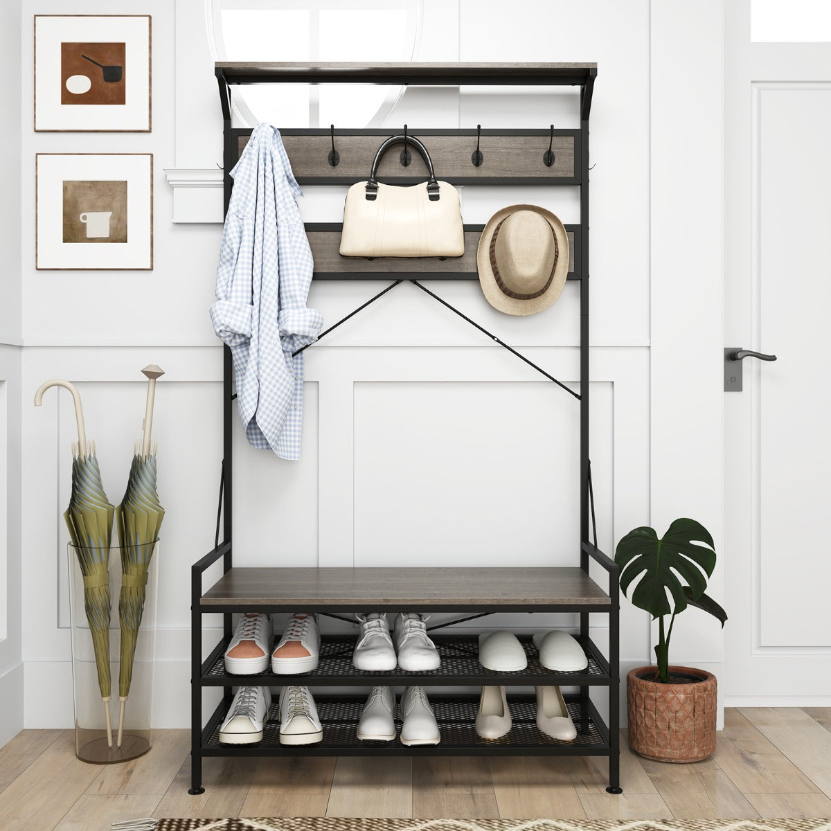 Banco para Zapatos con Estante 11 Ganchos Estructura de Metal Industrial para Entrada 102 x 40 x 184 cm-Gris