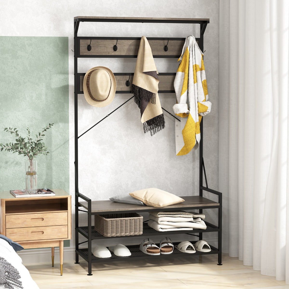 Banco para Zapatos con Estante 11 Ganchos Estructura de Metal Industrial para Entrada 102 x 40 x 184 cm-Gris
