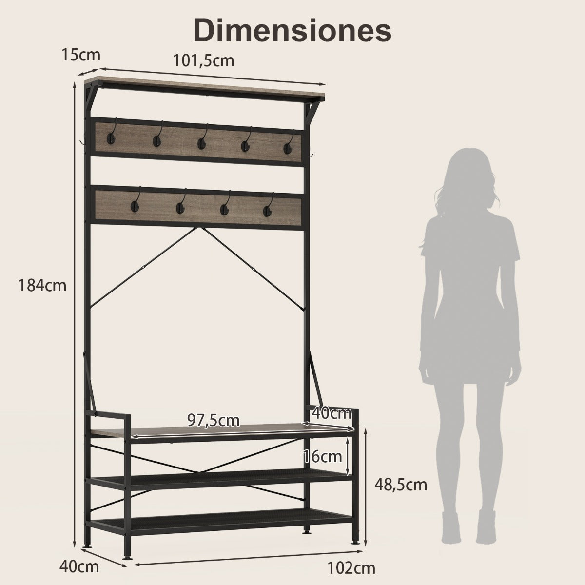 Banco para Zapatos con Estante 11 Ganchos Estructura de Metal Industrial para Entrada 102 x 40 x 184 cm-Gris