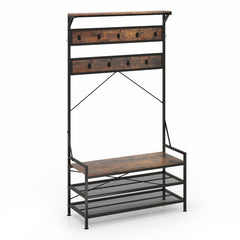 Banco para Zapatos con Estante 11 Ganchos Estructura de Metal Industrial para Entrada 102 x 40 x 184 cm-Marrón
