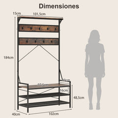 Banco para Zapatos con Estante 11 Ganchos Estructura de Metal Industrial para Entrada 102 x 40 x 184 cm-Marrón