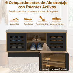 Banco Zapatero con Asientos con 6 Compartimentos de Almacenamiento 3 Estantes y 2 Puertas para Entrada 99,5 x 34,5 x 46 cm Natural