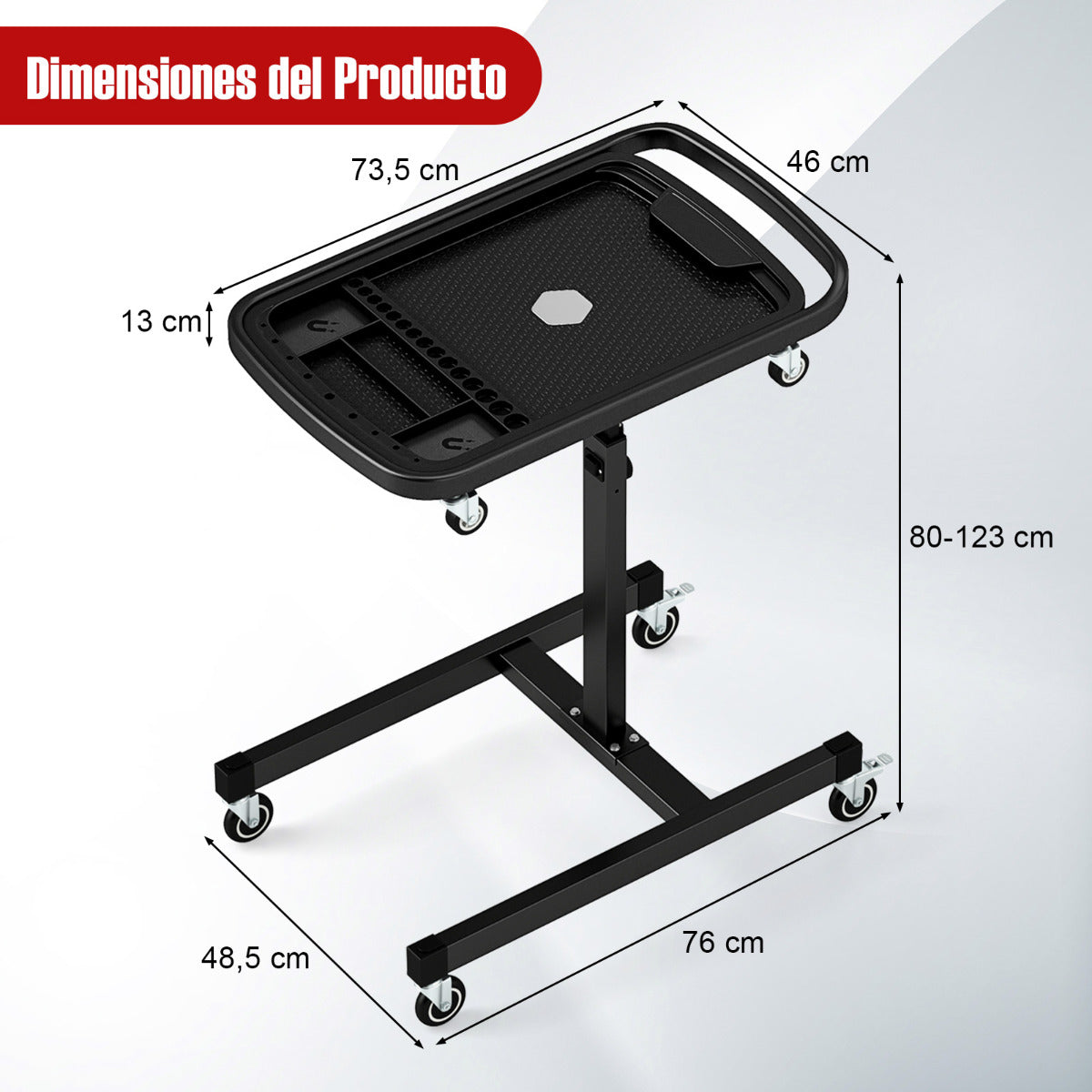 Bandeja de Herramientas Rodante 2 en 1 Mesa de Trabajo Ajustable en Altura con Bandeja Carrito Portátil Carga 60 kg para Garaje Taller