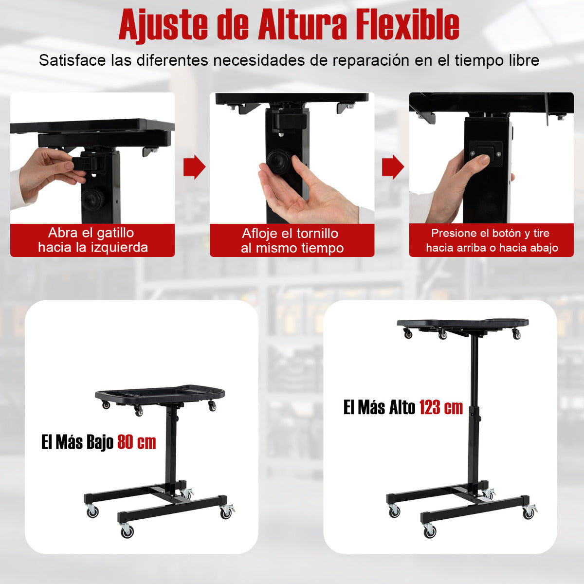 Bandeja de Herramientas Rodante 2 en 1 Mesa de Trabajo Ajustable en Altura con Bandeja Carrito Portátil Carga 60 kg para Garaje Taller